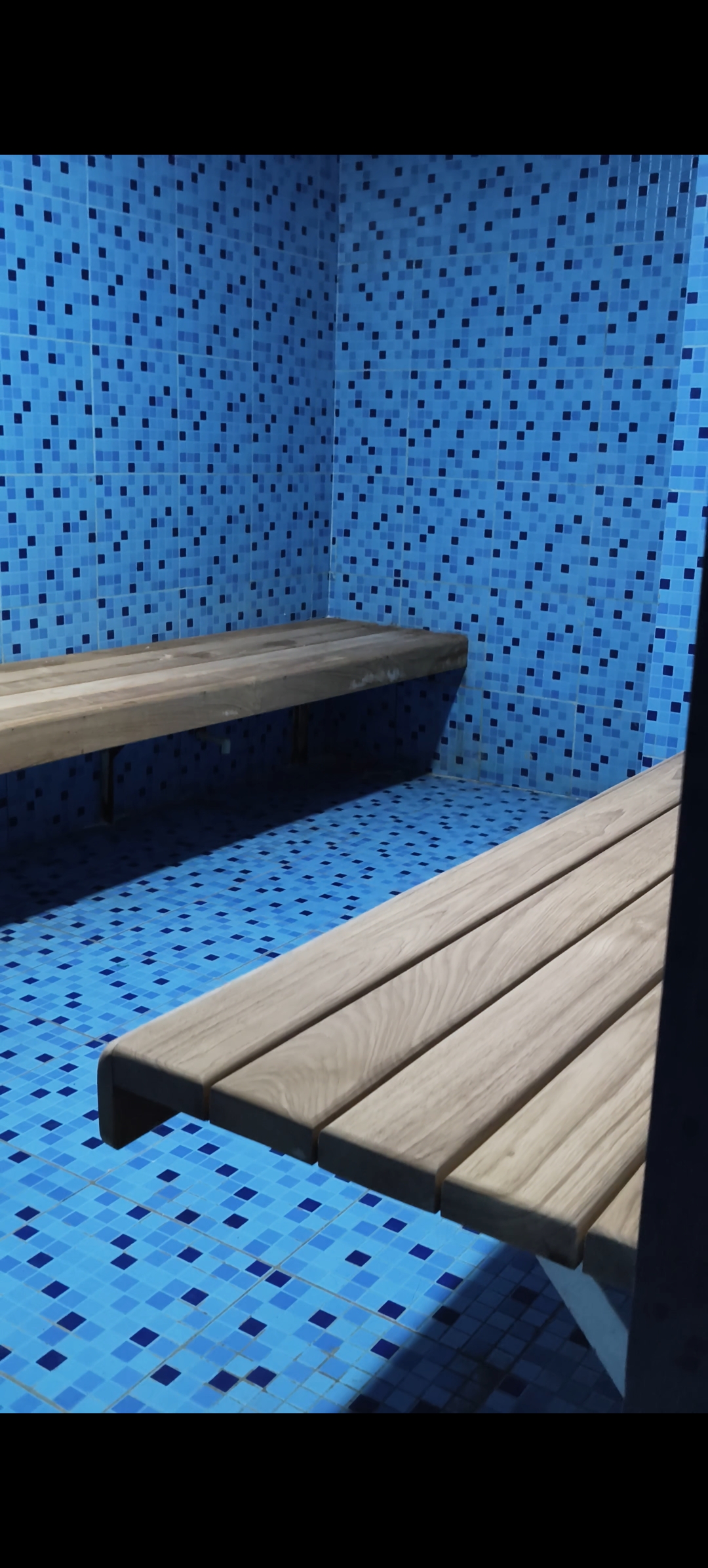 Blue-tiled steam bath with wooden benches at Swim Gym, Dewas